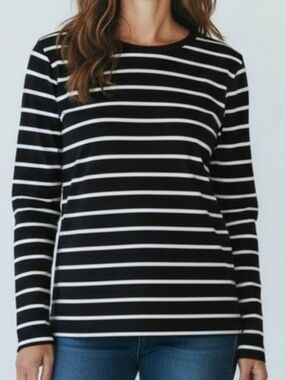 Lauren Ralph Lauren NWOT Black & Cream Striped Long Sleeve Tee With Gold Zipper